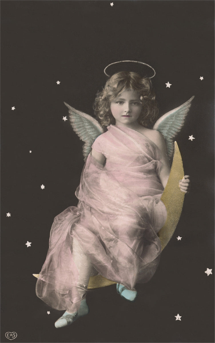 Angel Sitting in Crescent Moon Vintage Image, Religion