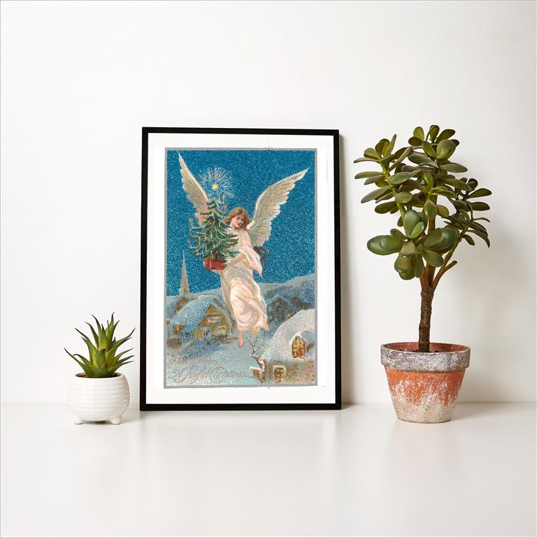 A Joyful Christmas, Angel with Tree Vintage Image, Merry Christmas